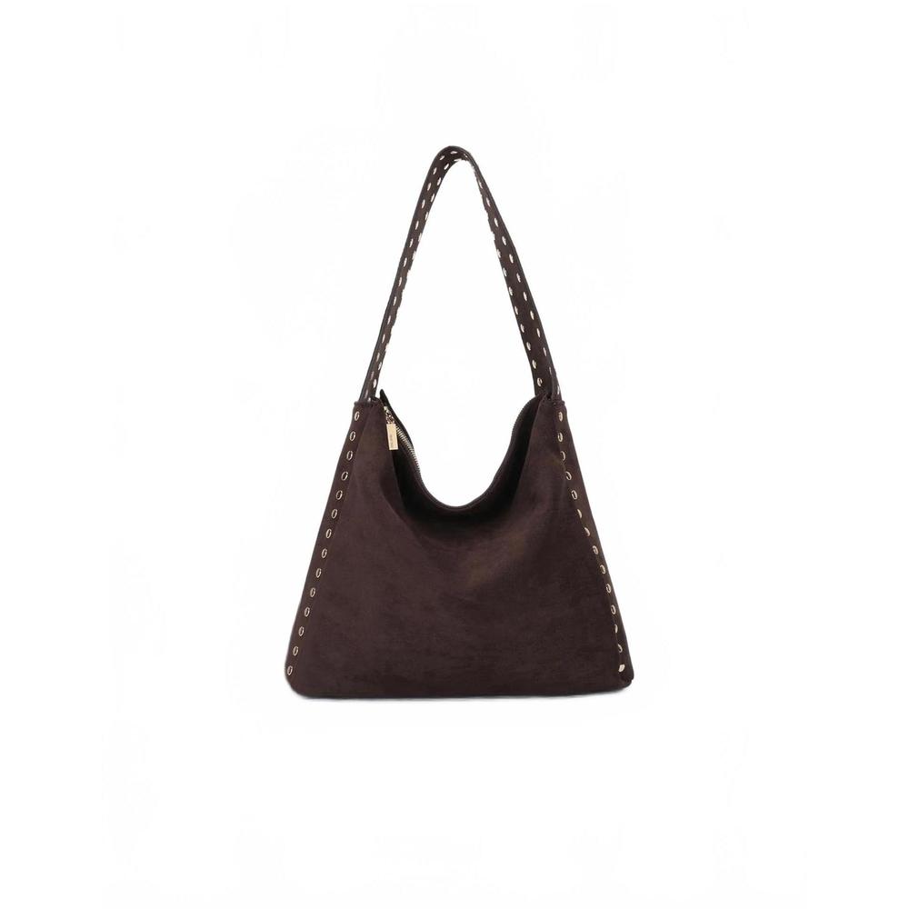 NEW REMI/REID women's pasadena studded shoulder bag in faux chocolate suede